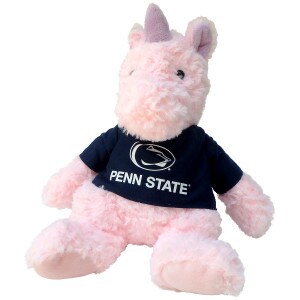 plush pink unicorn Cuddle Buddy wearing navy shirt with white Athletic Logo above Penn State